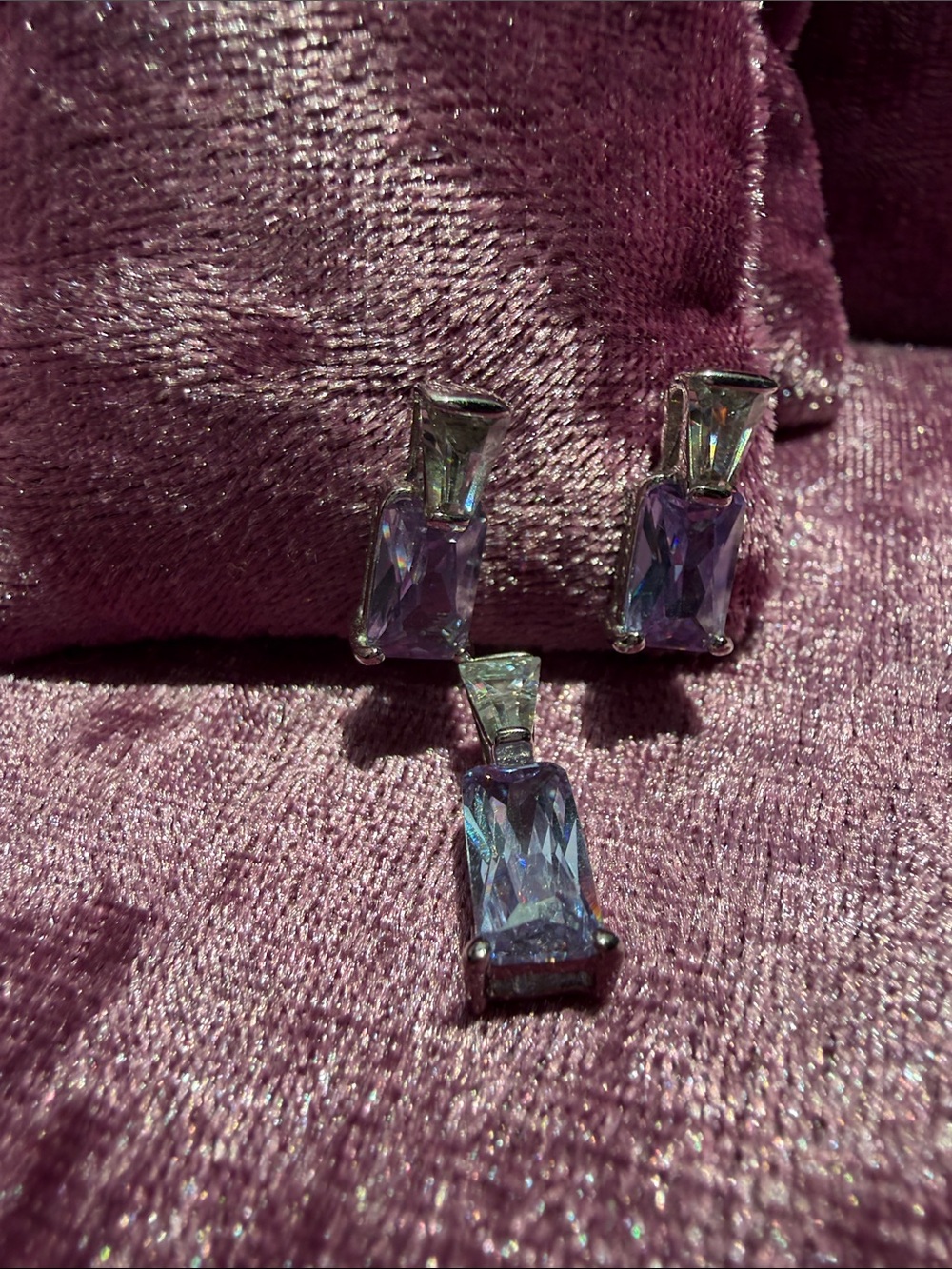 Silver Women's Pendant and Stud Earrings and Pendant Set with Violet Gemstones